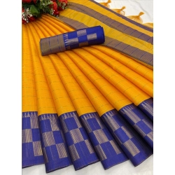 Women's Cotton Silk Printed Saree With Unstitched Blouse 5.5Mtr (Gold-Blue)