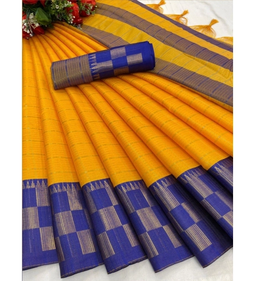 Women's Cotton Silk Printed Saree With Unstitched Blouse 5.5Mtr (Gold-Blue)