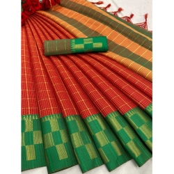 Women's Cotton Silk Printed Saree With Unstitched Blouse 5.5Mtr (Red)