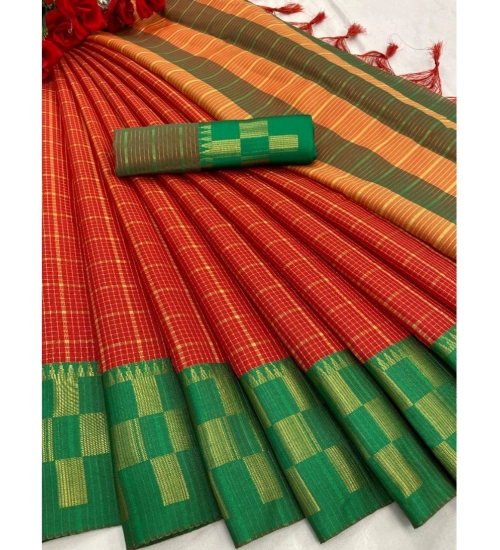 Women's Cotton Silk Printed Saree With Unstitched Blouse 5.5Mtr (Red)