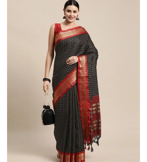 Women's Cotton Silk Checkered Saree With Unstitched Blouse 5.5Mtr (Black)