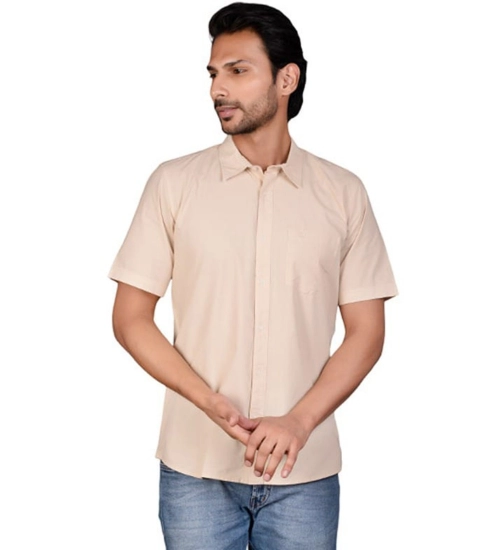 Men's Casual Cotton Half Sleeve Solid Shirt (Beige)