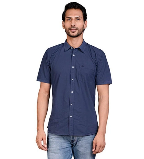 Men's Casual Cotton Half Sleeve Solid Shirt (Navy)