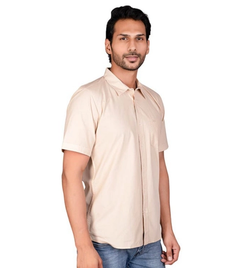 Men's Casual Cotton Half Sleeve Solid Shirt (Beige)