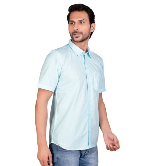 Men's Casual Cotton Half Sleeve Solid Shirt (Turquoise)