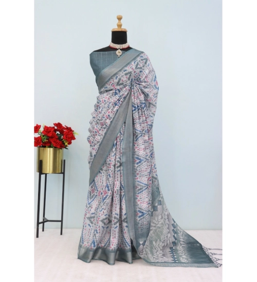 Women's Linen Digital Print Saree With Unstitched Blouse 5.5Mtr (Grey)