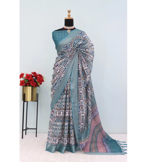 Women's Linen Digital Print Saree With Unstitched Blouse 5.5Mtr (Green)