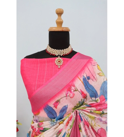 Women's Linen Digital Print Saree With Unstitched Blouse 5.5Mtr (pink)