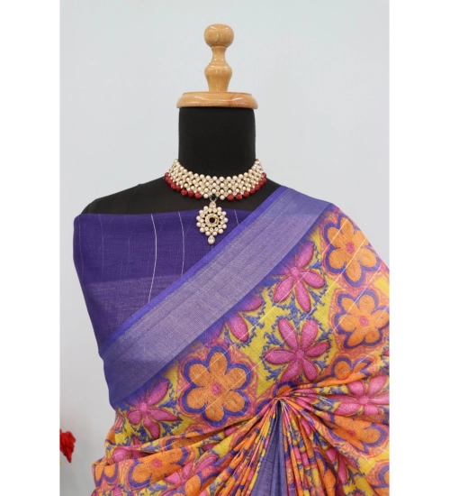 Women's Linen Digital Print Saree With Unstitched Blouse 5.5Mtr (Multicolor)