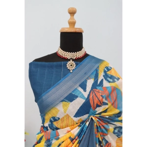 Generic Women's Linen Digital Print Saree With Unstitched Blouse 5.5Mtr (Multicolor)