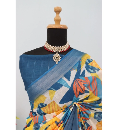 Women's Linen Digital Print Saree With Unstitched Blouse 5.5Mtr (Multicolor)