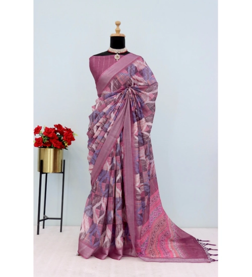 Women's Linen Digital Print Saree With Unstitched Blouse 5.5Mtr (Pink)