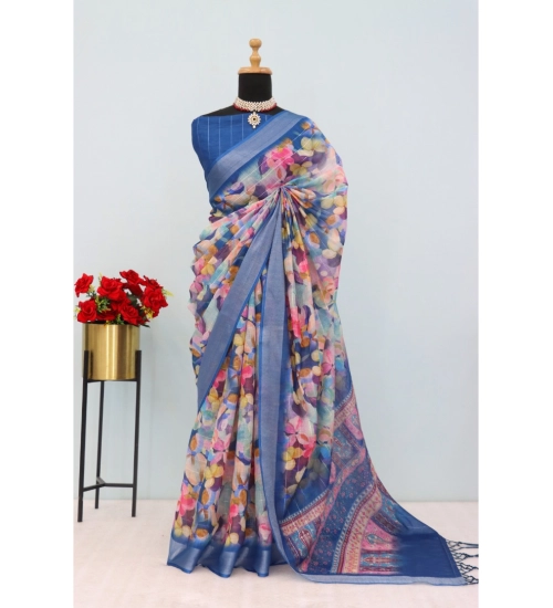 Women's Linen Digital Print Saree With Unstitched Blouse 5.5Mtr (Blue)