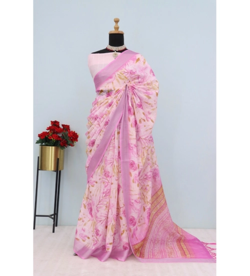 Women's Linen Digital Print Saree With Unstitched Blouse 5.5Mtr (Pink)