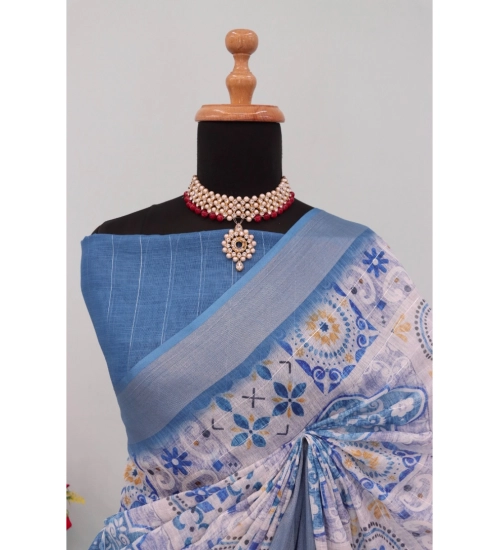 Women's Linen Digital Print Saree With Unstitched Blouse 5.5Mtr (Blue)