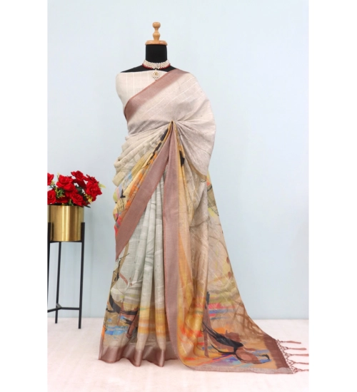 Women's Linen Digital Print Saree With Unstitched Blouse 5.5Mtr (Multicolor)