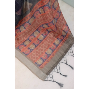 Generic Women's Linen Digital Print Saree With Unstitched Blouse 5.5Mtr (Blue)