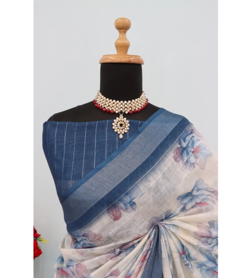Women's Linen Digital Print Saree With Unstitched Blouse 5.5Mtr (Blue) Women's Linen Digital Print Saree With Unstitched Blouse 5.5Mtr (Blue)