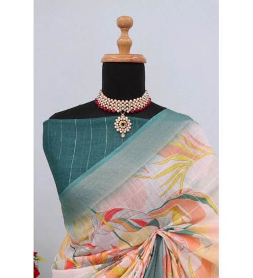 Women's Linen Digital Print Saree With Unstitched Blouse 5.5Mtr (Green) Women's Linen Digital Print Saree With Unstitched Blouse 5.5Mtr (Green)