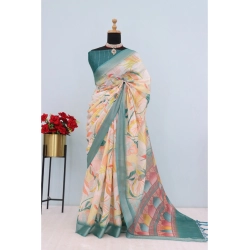 Women's Linen Digital Print Saree With Unstitched Blouse 5.5Mtr (Green)