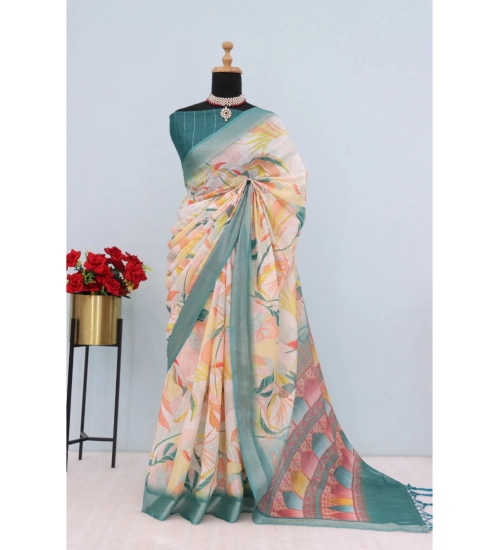 Women's Linen Digital Print Saree With Unstitched Blouse 5.5Mtr (Green)