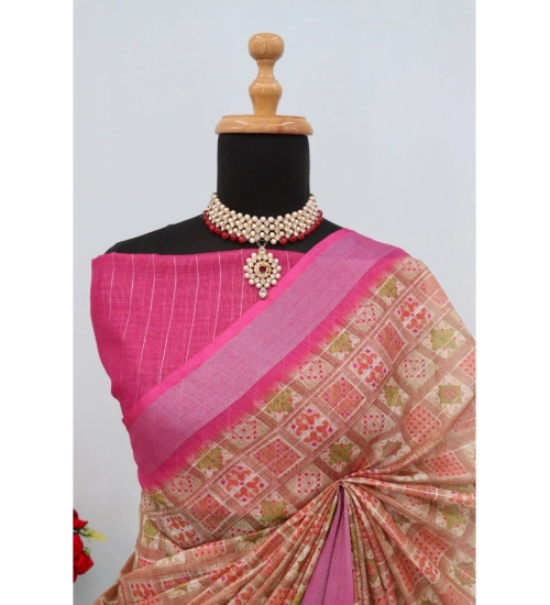 Women's Linen Digital Print Saree With Unstitched Blouse 5.5Mtr (Pink)