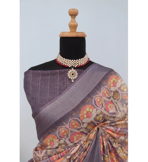 Women's Linen Digital Print Saree With Unstitched Blouse 5.5Mtr (Grey)