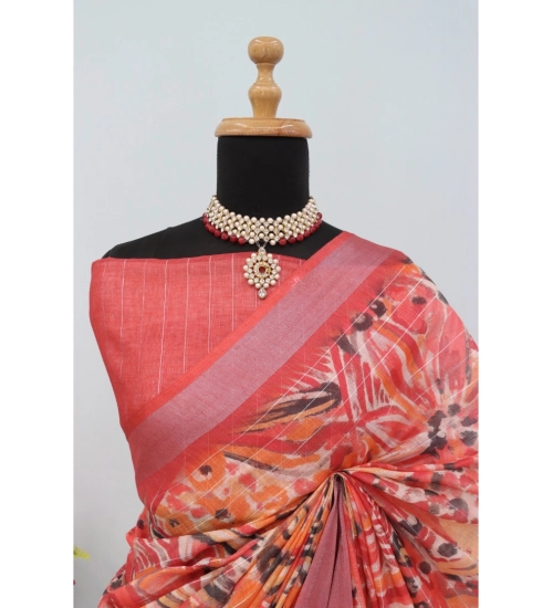 Women's Linen Digital Print Saree With Unstitched Blouse 5.5Mtr (Pink)