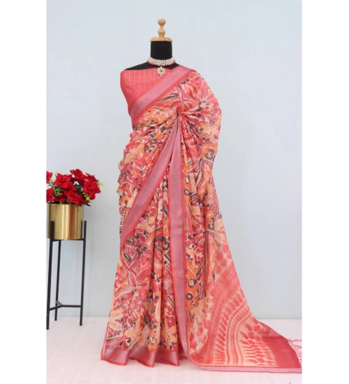 Women's Linen Digital Print Saree With Unstitched Blouse 5.5Mtr (Pink)