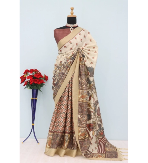 Women's Mysore Silk  Digital Print Saree With Unstitched Blouse 5.5Mtr (Beige)