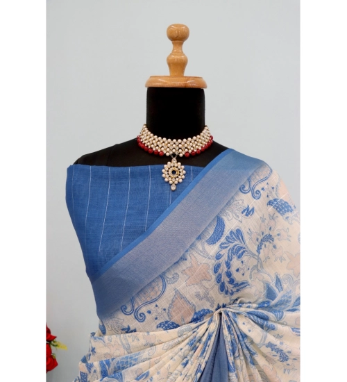 Women's Linen Digital Print Saree With Unstitched Blouse 5.5Mtr (Blue)
