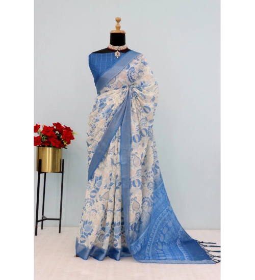 Women's Linen Digital Print Saree With Unstitched Blouse 5.5Mtr (Blue)