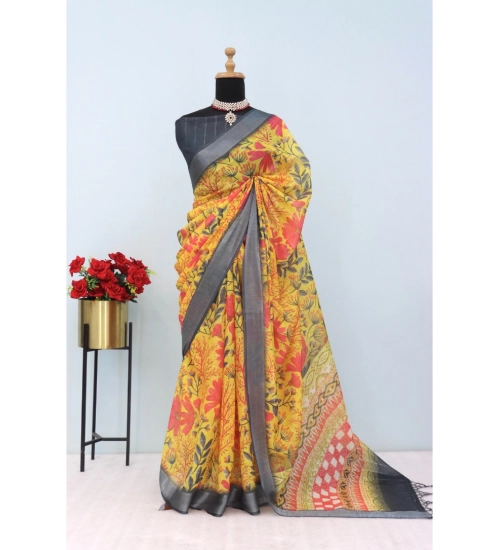 Women's Linen Digital Print Saree With Unstitched Blouse 5.5Mtr (Multicolor)