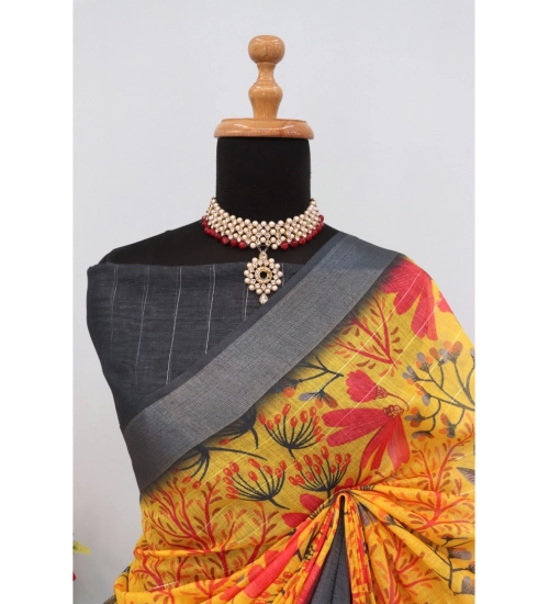 Women's Linen Digital Print Saree With Unstitched Blouse 5.5Mtr (Multicolor)