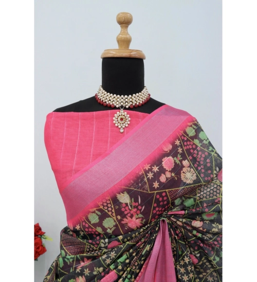 Women's Linen Digital Print Saree With Unstitched Blouse 5.5Mtr (Multicolor)