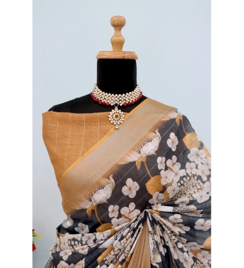 Women's Linen Digital Print Saree With Unstitched Blouse 5.5Mtr (Black)