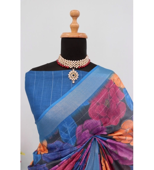 Women's Linen Digital Print Saree With Unstitched Blouse 5.5Mtr (Blue)