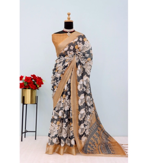 Women's Linen Digital Print Saree With Unstitched Blouse 5.5Mtr (Black)