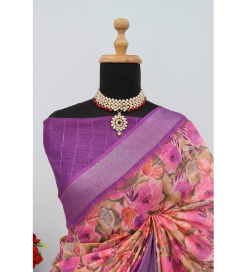 Women's Linen Digital Print Saree With Unstitched Blouse 5.5Mtr (Purple)