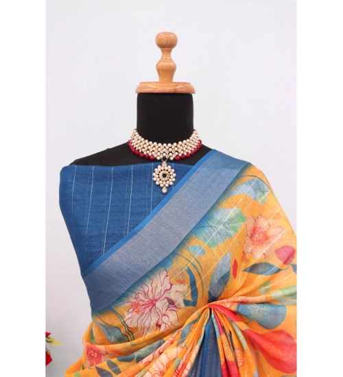 Women's Linen Digital Print Saree With Unstitched Blouse 5.5Mtr (Yellow)