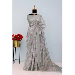 Women's Linen Digital Print Saree With Unstitched Blouse 5.5Mtr (Grey)