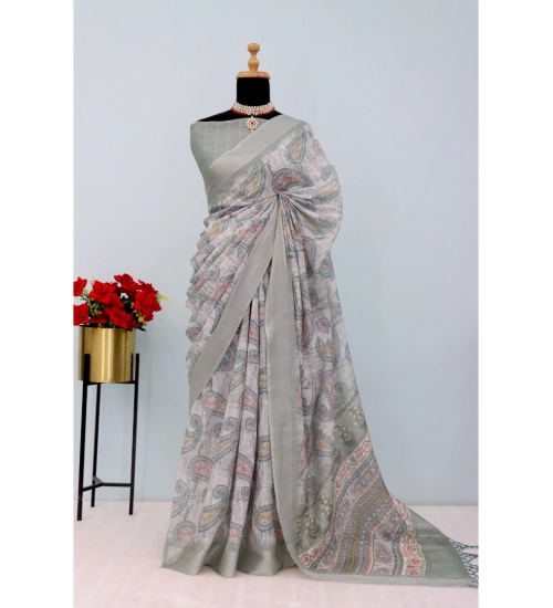 Women's Linen Digital Print Saree With Unstitched Blouse 5.5Mtr (Grey)