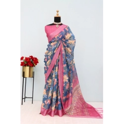 Women's Linen Digital Print Saree With Unstitched Blouse 5.5Mtr (Blue)