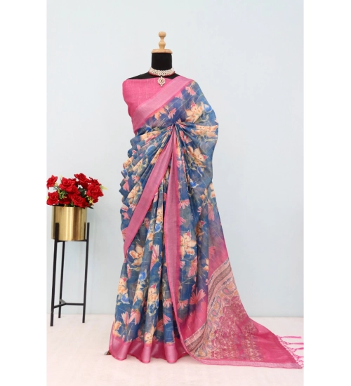 Women's Linen Digital Print Saree With Unstitched Blouse 5.5Mtr (Blue)