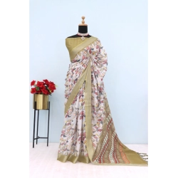 Women's Linen Digital Print Saree With Unstitched Blouse 5.5Mtr (Beige)