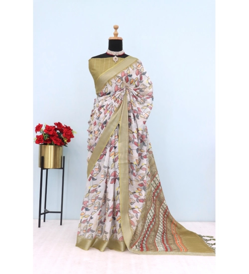 Women's Linen Digital Print Saree With Unstitched Blouse 5.5Mtr (Beige)