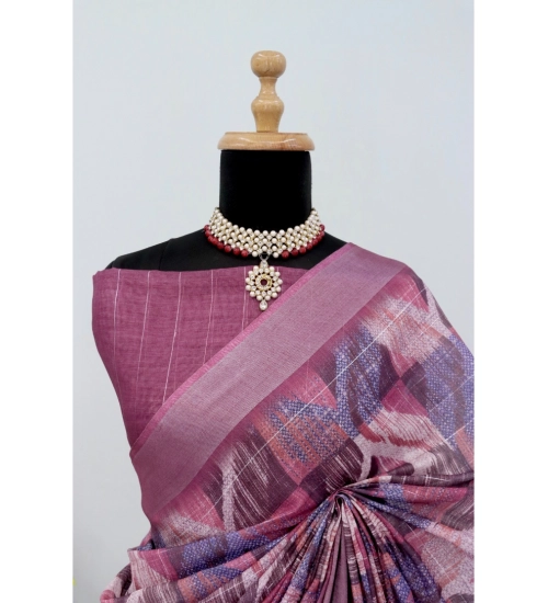 Women's Linen Digital Print Saree With Unstitched Blouse 5.5Mtr (Pink)