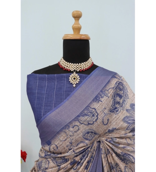 Women's Linen Digital Print Saree With Unstitched Blouse 5.5Mtr (Blue)