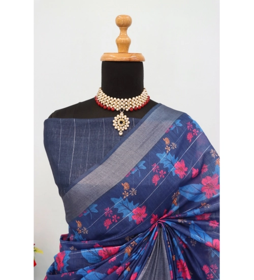 Women's Linen Digital Print Saree With Unstitched Blouse 5.5Mtr (Blue) Women's Linen Digital Print Saree With Unstitched Blouse 5.5Mtr (Blue)