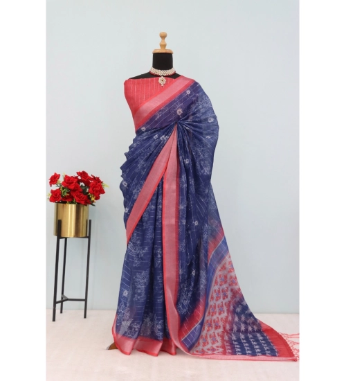 Women's Linen Digital Print Saree With Unstitched Blouse 5.5Mtr (Blue)